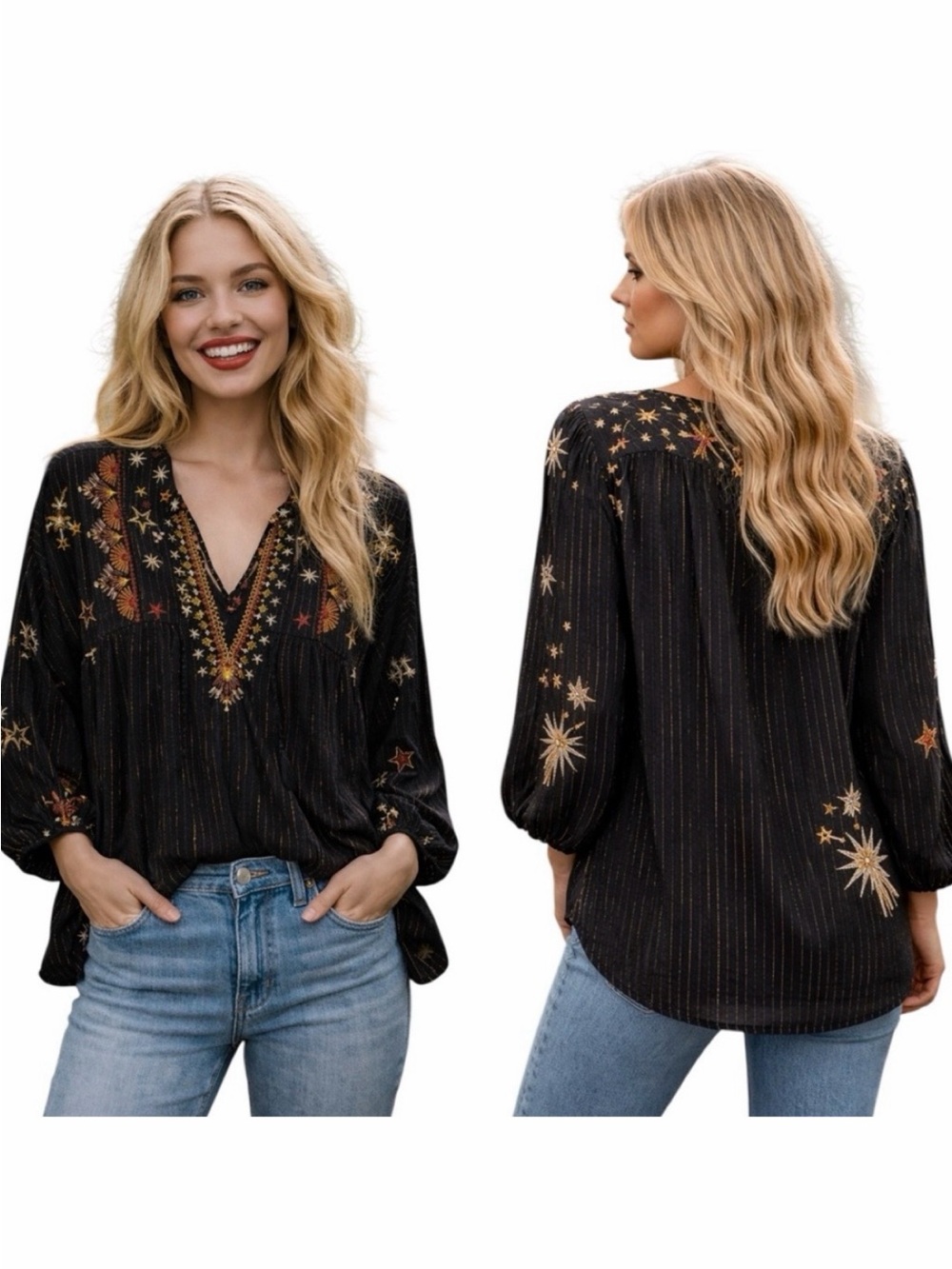 Johnny Was Astraea Black/Gold Metallic-Stripe V-Neck Yoke Blouse | Size XS